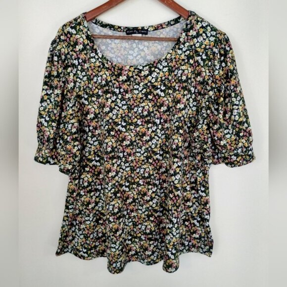 Kim &Cami Top 2X Women Floral Scoop Stretch Tunic Shirt Pull On Knit - Picture 1 of 6